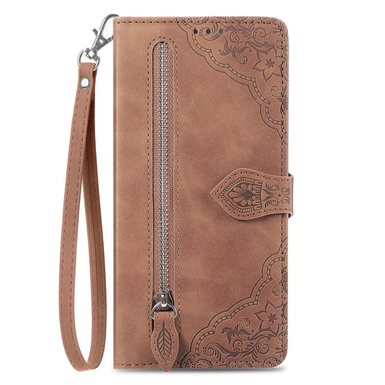 For Samsung Galaxy S25 5G Embossed Flower Zipper Leather Phone Case(Brown) - Galaxy S25 5G Cases by PMC TechLife | Online Shopping South Africa | PMC TechLife | Buy Now Pay Later Mobicred