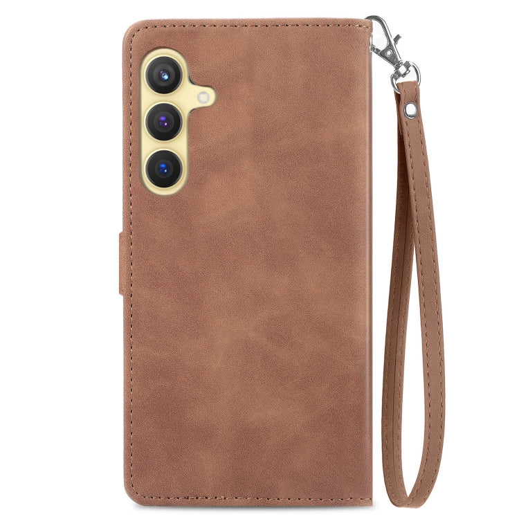 For Samsung Galaxy S25 5G Embossed Flower Zipper Leather Phone Case(Brown) - Galaxy S25 5G Cases by PMC TechLife | Online Shopping South Africa | PMC TechLife | Buy Now Pay Later Mobicred