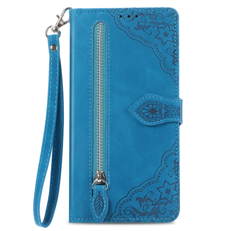 For Samsung Galaxy S25+ 5G Embossed Flower Zipper Leather Phone Case(Blue) - Galaxy S25+ 5G Cases by PMC TechLife | Online Shopping South Africa | PMC TechLife | Buy Now Pay Later Mobicred