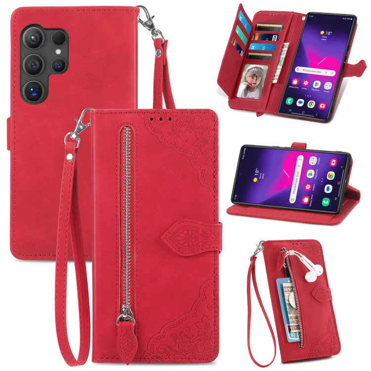For Samsung Galaxy S25 Ultra 5G Embossed Flower Zipper Leather Phone Case(Red) - Galaxy S25 Ultra 5G Cases by PMC TechLife | Online Shopping South Africa | PMC TechLife | Buy Now Pay Later Mobicred