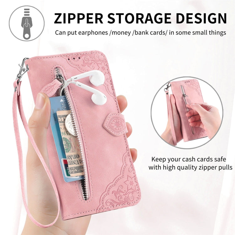 For Samsung Galaxy S25+ 5G Embossed Flower Zipper Leather Phone Case(Pink) - Galaxy S25+ 5G Cases by PMC TechLife | Online Shopping South Africa | PMC TechLife | Buy Now Pay Later Mobicred