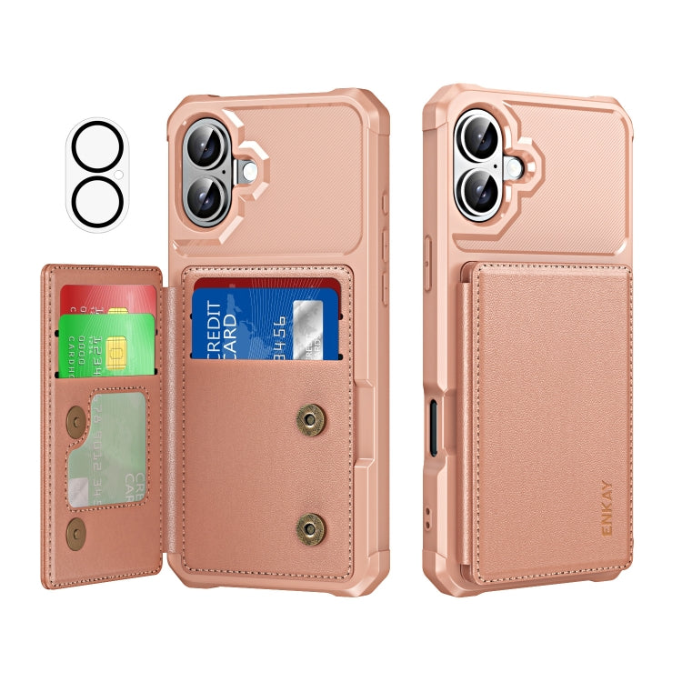 For iPhone 16 Plus ENKAY Hat-Prince Card Slot Wallet TPU Back Leather Phone Case with Lens Film(Rose Gold) - free shipping - PMC Jewellery - Order now!