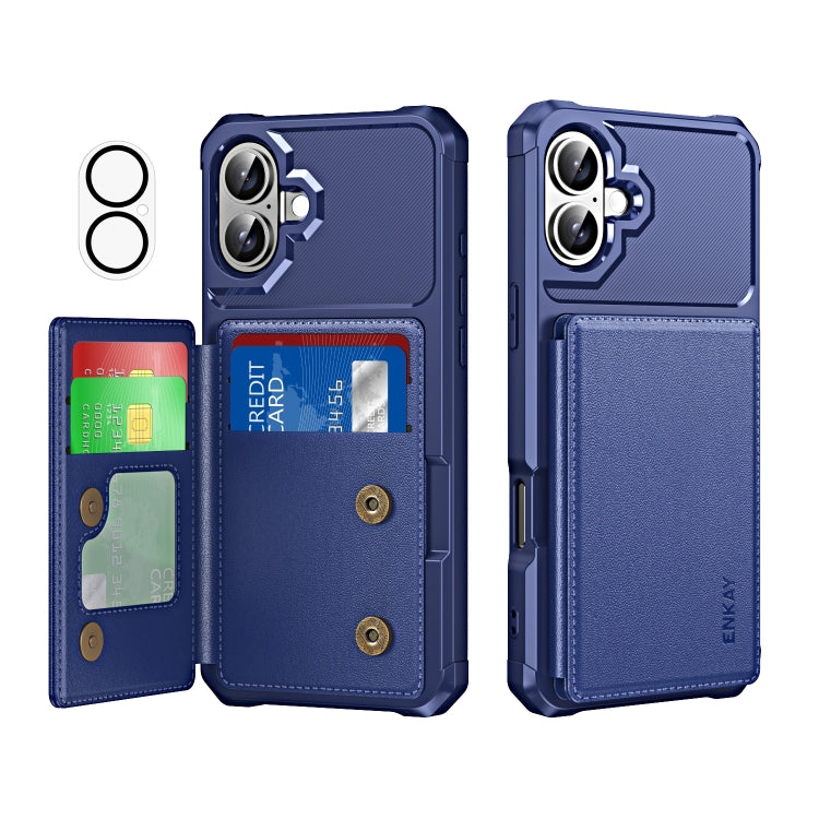 For iPhone 16 Plus ENKAY Hat-Prince Card Slot Wallet TPU Back Leather Phone Case with Lens Film(Dark Blue) - free shipping - PMC Jewellery - Order now!