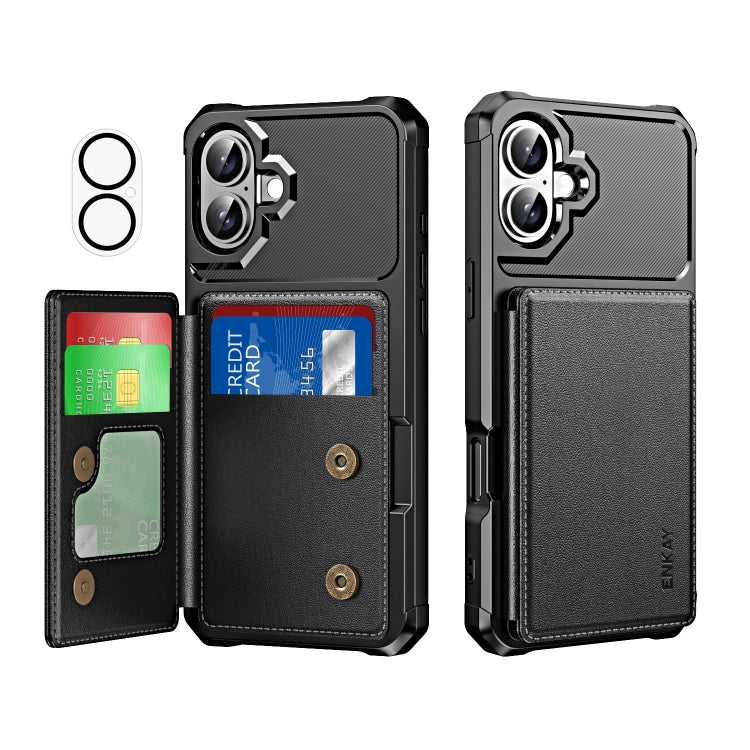 For iPhone 16 ENKAY Hat-Prince Card Slot Wallet TPU Back Leather Phone Case with Lens Film(Black) - free shipping - PMC Jewellery - Order now!