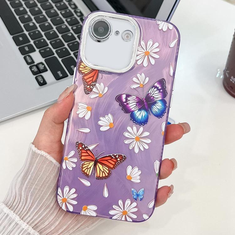 For iPhone 16e Plating Texture Butterfly TPU Phone Case with Glitter Lens Film(Daisy Butterflies HU2) - iPhone 16e Cases by PMC TechLife | Online Shopping South Africa | PMC TechLife | Buy Now Pay Later Mobicred