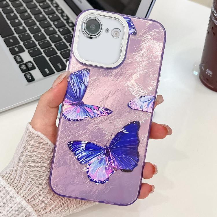 For iPhone 16e Plating Texture Butterfly TPU Phone Case with Glitter Lens Film(Purple Butterflies HU4) - iPhone 16e Cases by PMC TechLife | Online Shopping South Africa | PMC TechLife | Buy Now Pay Later Mobicred