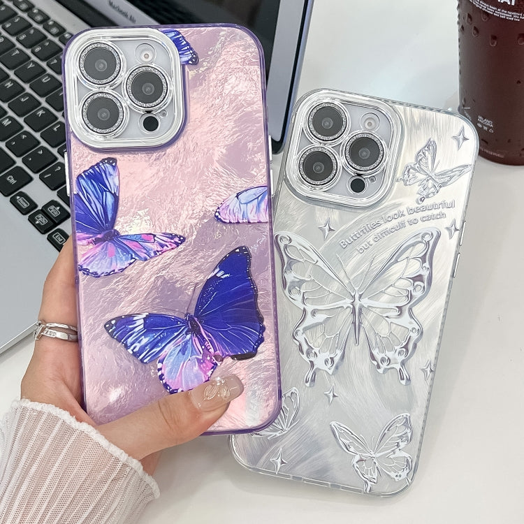 For iPhone 16e Plating Texture Butterfly TPU Phone Case with Glitter Lens Film(Blue Butterflies HU3) - iPhone 16e Cases by PMC TechLife | Online Shopping South Africa | PMC TechLife | Buy Now Pay Later Mobicred