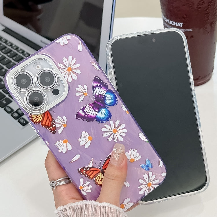 For iPhone 16e Plating Texture Butterfly TPU Phone Case with Glitter Lens Film(Daisy Butterflies HU2) - iPhone 16e Cases by PMC TechLife | Online Shopping South Africa | PMC TechLife | Buy Now Pay Later Mobicred