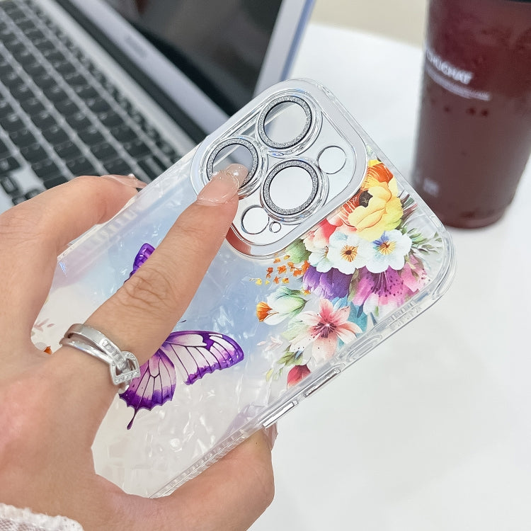 For iPhone 16e Plating Texture Butterfly TPU Phone Case with Glitter Lens Film(Flowers Butterflies HU1) - iPhone 16e Cases by PMC TechLife | Online Shopping South Africa | PMC TechLife | Buy Now Pay Later Mobicred