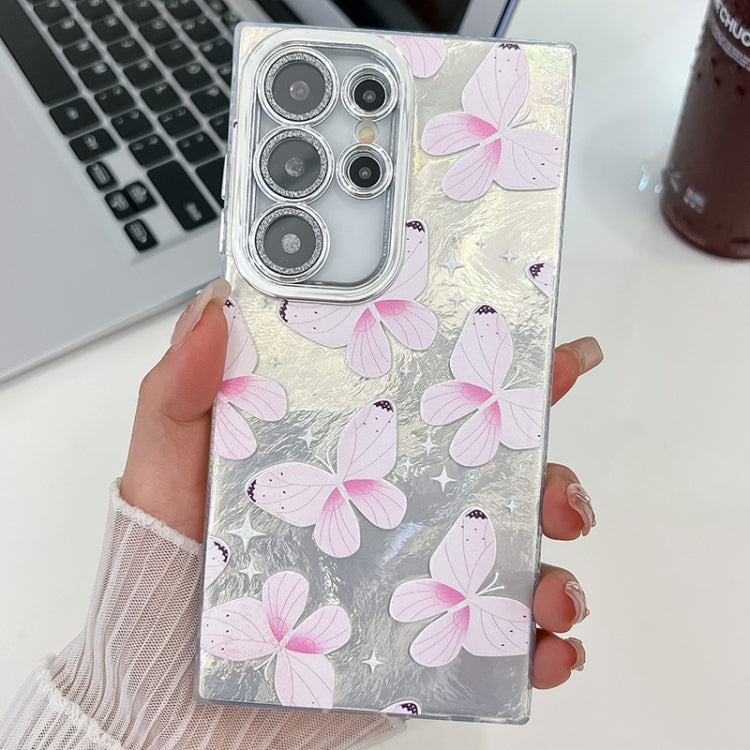 For Samsung Galaxy S25 Ultra 5G Plating Texture Butterfly TPU Phone Case with Glitter Lens Film(Pink Butterflies HU5) - Galaxy S25 Ultra 5G Cases by PMC Jewellery | Online Shopping South Africa | PMC Jewellery | Buy Now Pay Later Mobicred