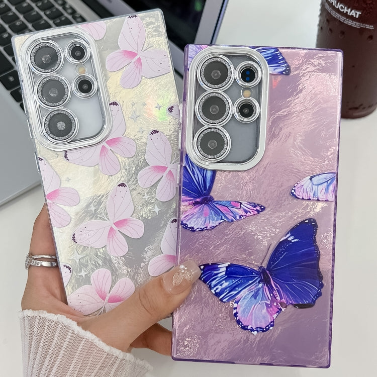 For Samsung Galaxy S25 Ultra 5G Plating Texture Butterfly TPU Phone Case with Glitter Lens Film(Pink Butterflies HU5) - Galaxy S25 Ultra 5G Cases by PMC Jewellery | Online Shopping South Africa | PMC Jewellery | Buy Now Pay Later Mobicred