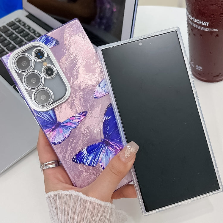 For Samsung Galaxy S25 Ultra 5G Plating Texture Butterfly TPU Phone Case with Glitter Lens Film(Blue Butterflies HU3) - Galaxy S25 Ultra 5G Cases by PMC Jewellery | Online Shopping South Africa | PMC Jewellery | Buy Now Pay Later Mobicred