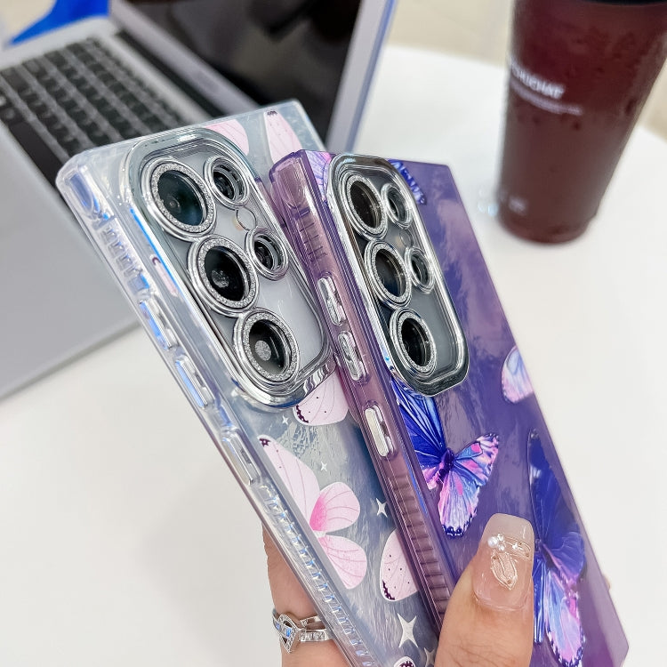 For Samsung Galaxy S25 Ultra 5G Plating Texture Butterfly TPU Phone Case with Glitter Lens Film(Purple Butterflies HU4) - Galaxy S25 Ultra 5G Cases by PMC Jewellery | Online Shopping South Africa | PMC Jewellery | Buy Now Pay Later Mobicred