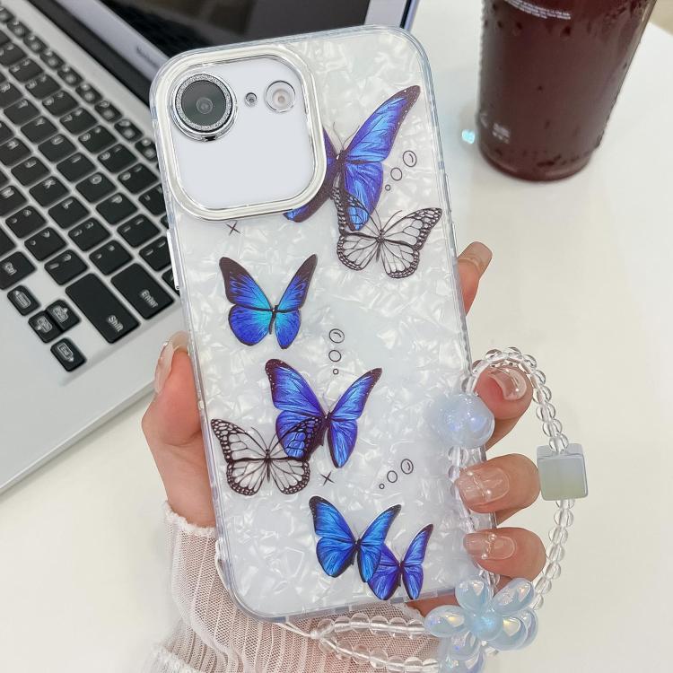 For iPhone 16e Plating Texture Butterfly Wristband TPU Phone Case with Glitter Lens Film(Blue Butterflies HU3) - free shipping - PMC TechLife - Order now!