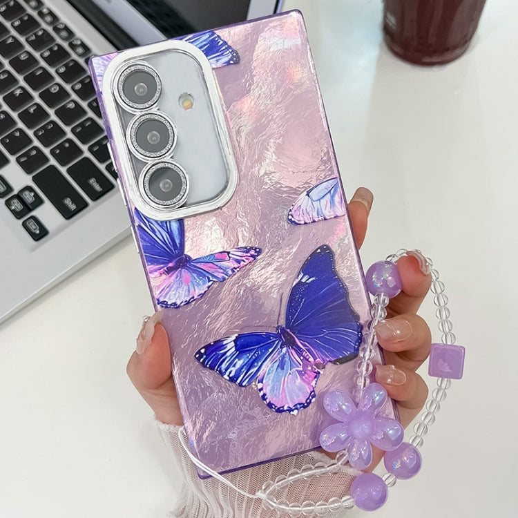 For Samsung Galaxy S25 5G Plating Texture Butterfly Wristband TPU Phone Case with Glitter Lens Film(Purple Butterflies HU4) - Galaxy S25 5G Cases by PMC Jewellery | Online Shopping South Africa | PMC Jewellery | Buy Now Pay Later Mobicred