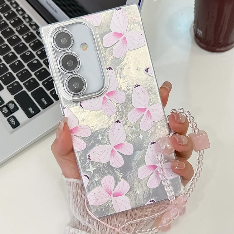 For Samsung Galaxy S25 5G Plating Texture Butterfly Wristband TPU Phone Case with Glitter Lens Film(Pink Butterflies HU5) - Galaxy S25 5G Cases by PMC Jewellery | Online Shopping South Africa | PMC Jewellery | Buy Now Pay Later Mobicred