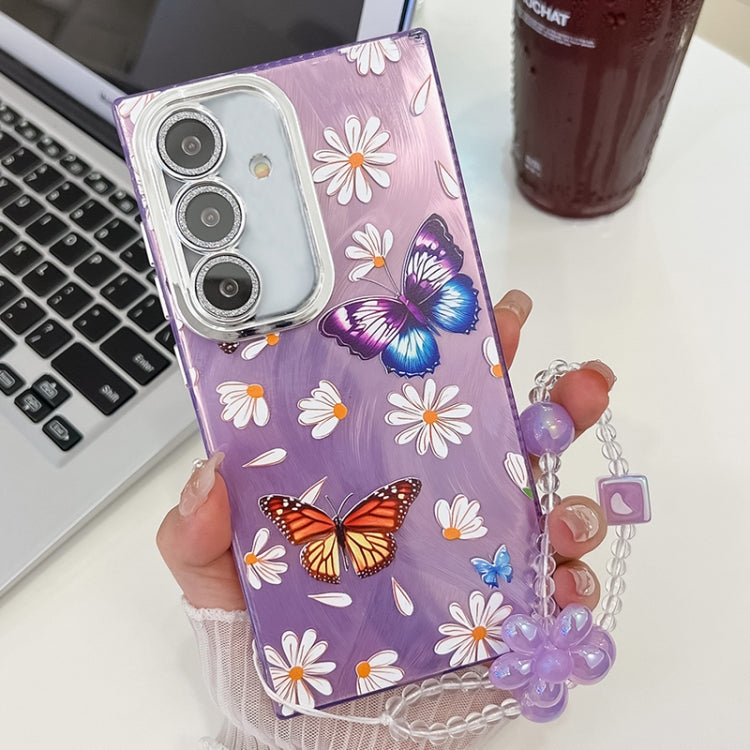 For Samsung Galaxy S25+ 5G Plating Texture Butterfly Wristband TPU Phone Case with Glitter Lens Film(Daisy Butterflies HU2) - Galaxy S25+ 5G Cases by PMC Jewellery | Online Shopping South Africa | PMC Jewellery | Buy Now Pay Later Mobicred