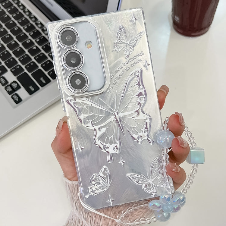 For Samsung Galaxy S25+ 5G Plating Texture Butterfly Wristband TPU Phone Case with Glitter Lens Film(Silver Butterflies HU6) - Galaxy S25+ 5G Cases by PMC Jewellery | Online Shopping South Africa | PMC Jewellery | Buy Now Pay Later Mobicred