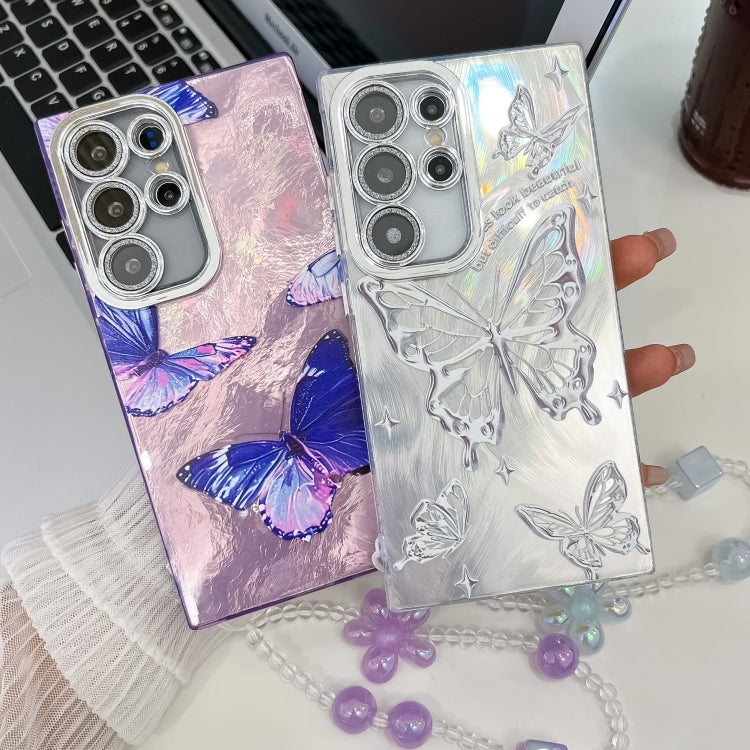 For Samsung Galaxy S25 Ultra 5G Plating Texture Butterfly Wristband TPU Phone Case with Glitter Lens Film(Silver Butterflies HU6) - Galaxy S25 Ultra 5G Cases by PMC Jewellery | Online Shopping South Africa | PMC Jewellery | Buy Now Pay Later Mobicred