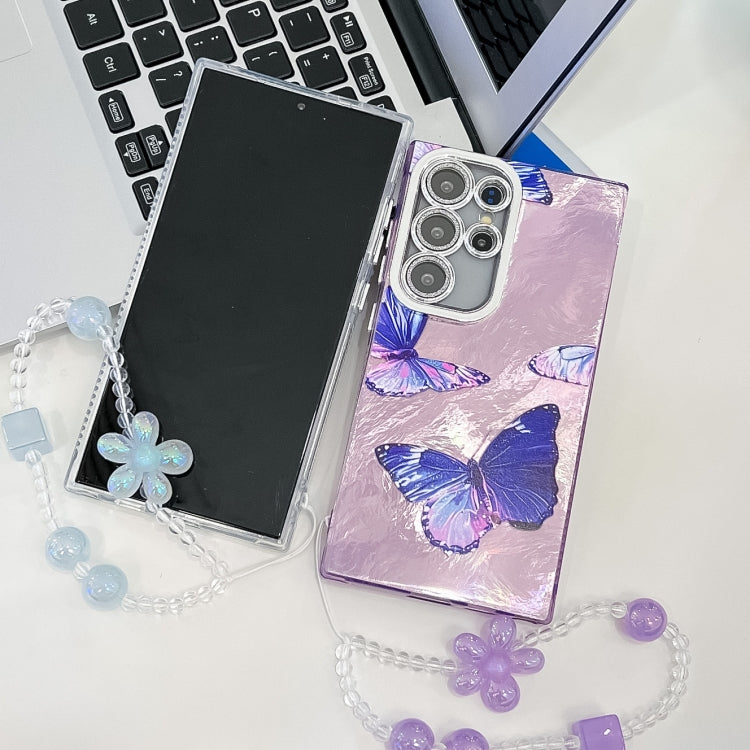 For Samsung Galaxy S25 Ultra 5G Plating Texture Butterfly Wristband TPU Phone Case with Glitter Lens Film(Daisy Butterflies HU2) - free shipping - PMC Jewellery - Order now!