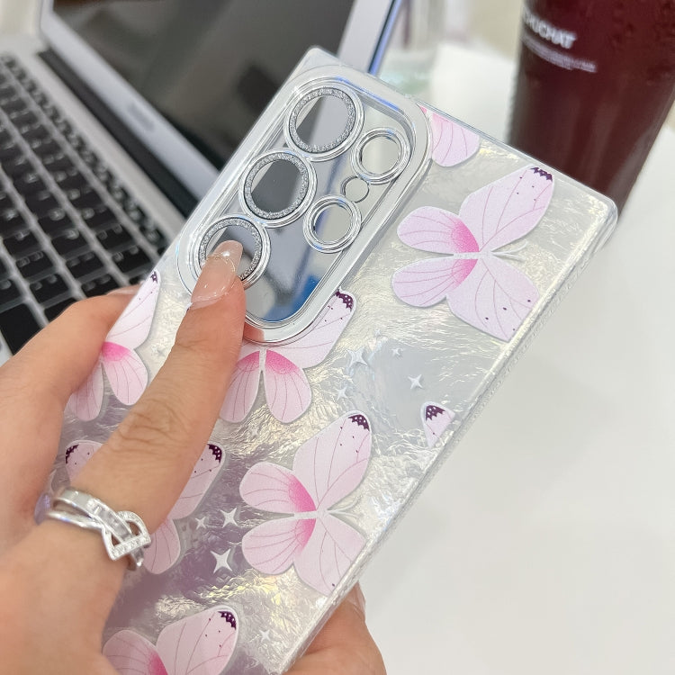 For Samsung Galaxy S25 Ultra 5G Plating Texture Butterfly Wristband TPU Phone Case with Glitter Lens Film(Blue Butterflies HU3) - Galaxy S25 Ultra 5G Cases by PMC Jewellery | Online Shopping South Africa | PMC Jewellery | Buy Now Pay Later Mobicred