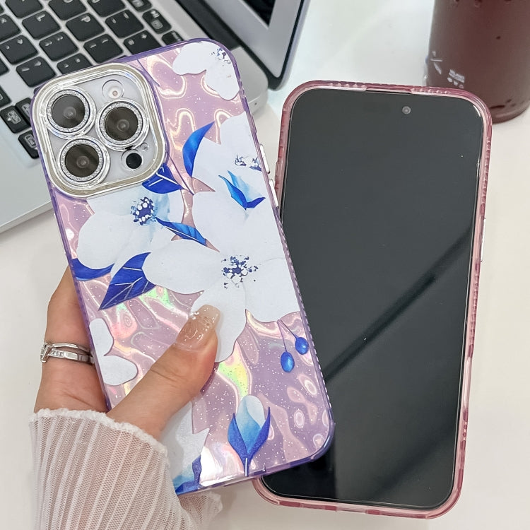 For iPhone 16e Electroplating Flowers Plants Texture TPU Phone Case(Blue Flower FL13) - iPhone 16e Cases by PMC TechLife | Online Shopping South Africa | PMC TechLife | Buy Now Pay Later Mobicred