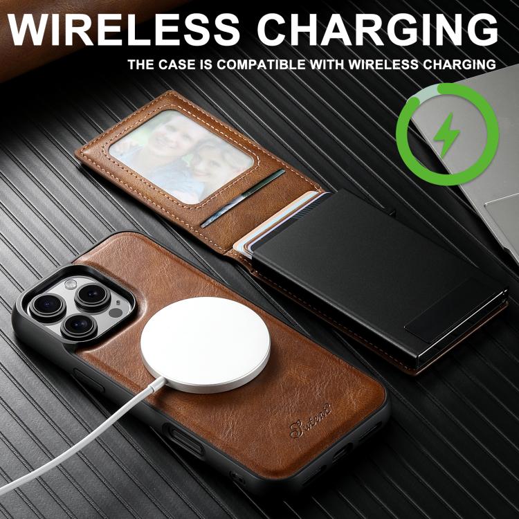 For iPhone 16e Suteni H19 Oil Wax 2-in-1 MagSafe Removable Card Box Back Phone Case(Brown) - iPhone 16e Cases by Suteni | Online Shopping South Africa | PMC TechLife | Buy Now Pay Later Mobicred