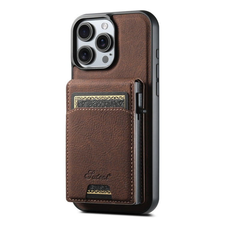 For iPhone 16 Pro Max Suteni H19 Litchi Grain 2-in-1 MagSafe Removable Card Box Back Phone Case(Brown) - iPhone 16 Pro Max Cases by Suteni | Online Shopping South Africa | PMC Jewellery | Buy Now Pay Later Mobicred