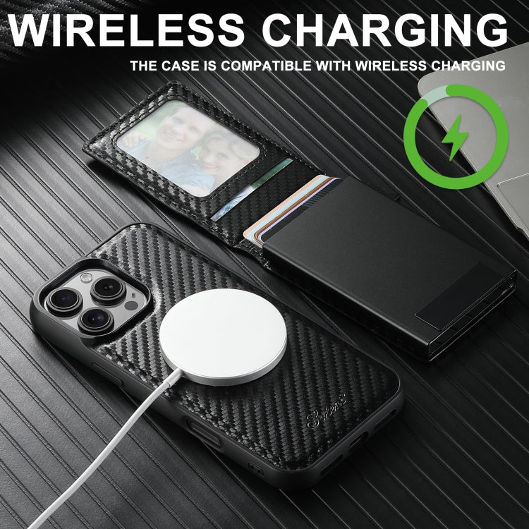 For iPhone 16 Suteni H19 Carbon Fiber Grain 2-in-1 MagSafe Removable Card Box Back Phone Case(Black) - free shipping - PMC Jewellery - Order now!