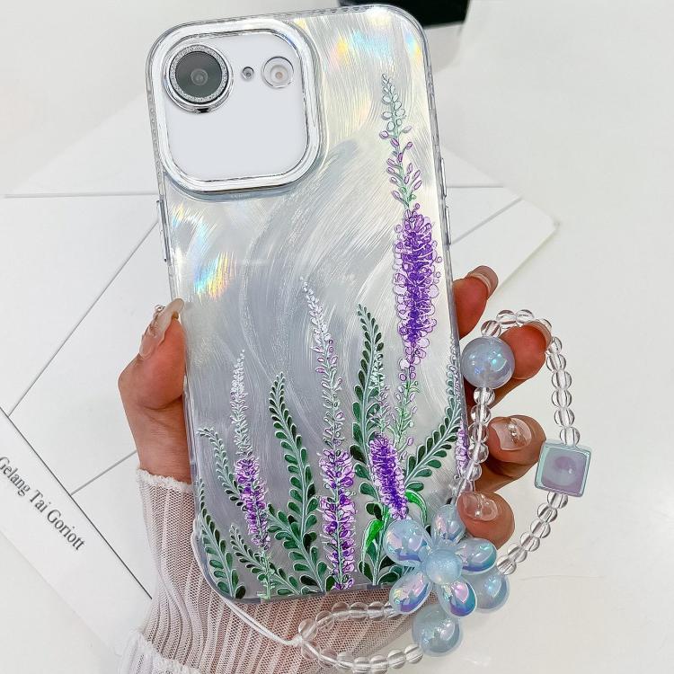 For iPhone 16e Electroplating Flowers Plants Texture Wristband TPU Phone Case(Lavender FL3) - iPhone 16e Cases by PMC TechLife | Online Shopping South Africa | PMC TechLife | Buy Now Pay Later Mobicred