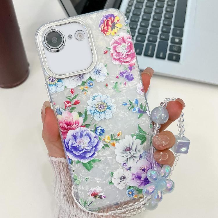 For iPhone 16e Electroplating Flowers Plants Texture Wristband TPU Phone Case(Peony FL14) - iPhone 16e Cases by PMC TechLife | Online Shopping South Africa | PMC TechLife | Buy Now Pay Later Mobicred