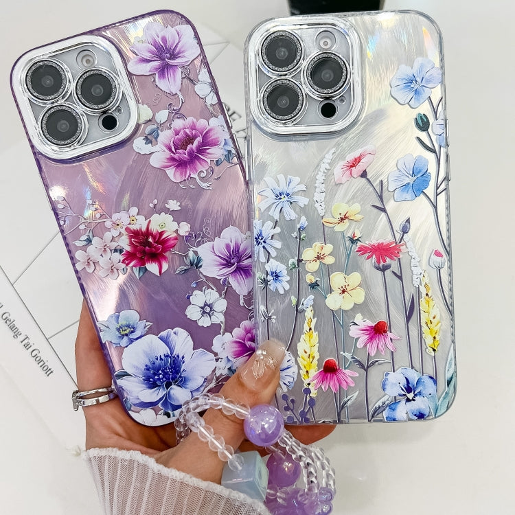For iPhone 16e Electroplating Flowers Plants Texture Wristband TPU Phone Case(Green Plants FL5) - iPhone 16e Cases by PMC TechLife | Online Shopping South Africa | PMC TechLife | Buy Now Pay Later Mobicred