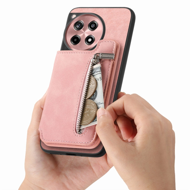 For OnePlus Ace 3 5G / 12R 5G Retro MagSafe Zipper Wallet Card Bag Back Phone Case(Pink) - OnePlus Cases by PMC TechLife | Online Shopping South Africa | PMC TechLife | Buy Now Pay Later Mobicred