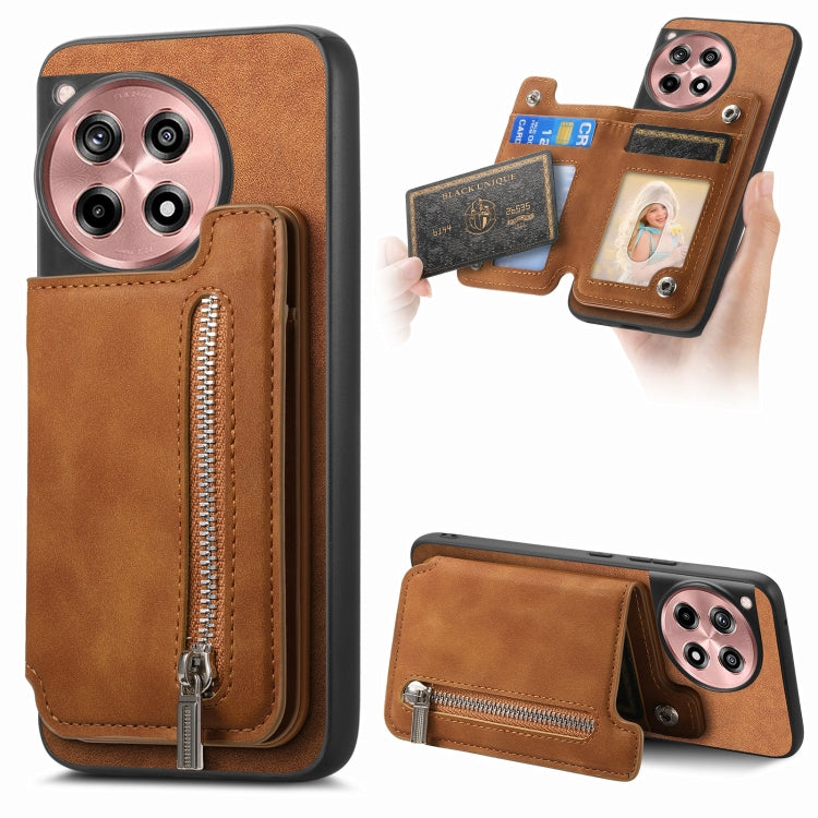 For OnePlus Ace 3 5G / 12R 5G Retro MagSafe Zipper Wallet Card Bag Back Phone Case(Brown) - OnePlus Cases by PMC TechLife | Online Shopping South Africa | PMC TechLife | Buy Now Pay Later Mobicred