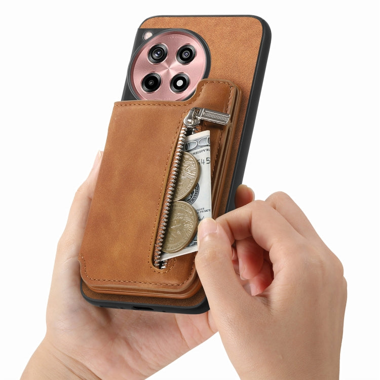 For OnePlus Ace 3 5G / 12R 5G Retro MagSafe Zipper Wallet Card Bag Back Phone Case(Brown) - OnePlus Cases by PMC TechLife | Online Shopping South Africa | PMC TechLife | Buy Now Pay Later Mobicred