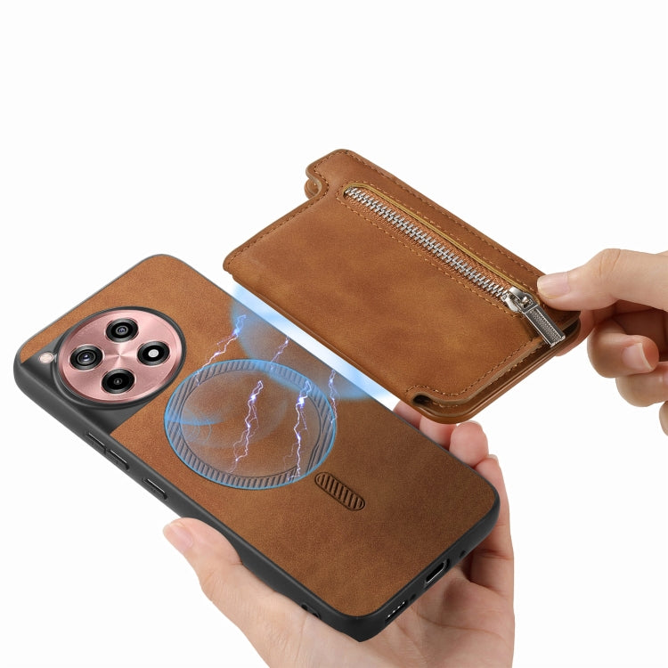 For OnePlus Ace 3 5G / 12R 5G Retro MagSafe Zipper Wallet Card Bag Back Phone Case(Brown) - OnePlus Cases by PMC TechLife | Online Shopping South Africa | PMC TechLife | Buy Now Pay Later Mobicred