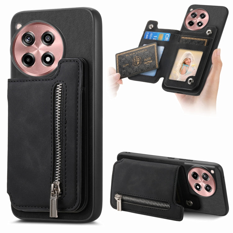 For OnePlus Ace 3 5G / 12R 5G Retro MagSafe Zipper Wallet Card Bag Back Phone Case(Black) - OnePlus Cases by PMC TechLife | Online Shopping South Africa | PMC TechLife | Buy Now Pay Later Mobicred