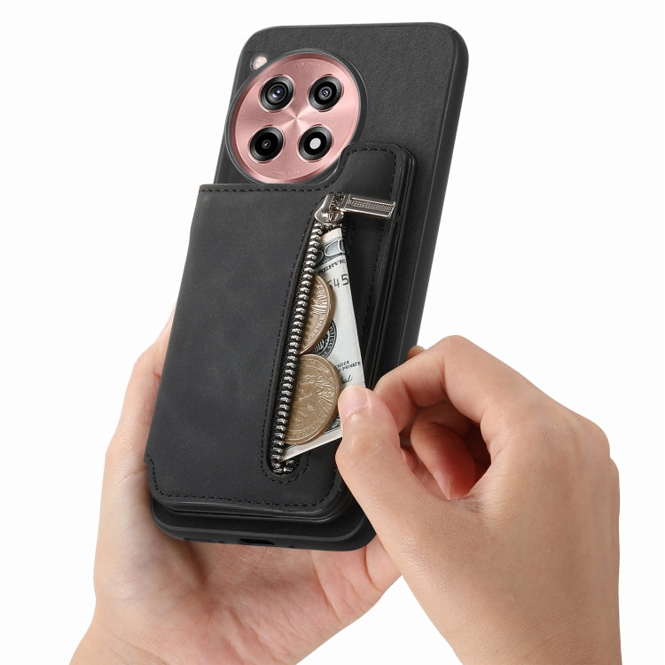 For OnePlus Ace 3 5G / 12R 5G Retro MagSafe Zipper Wallet Card Bag Back Phone Case(Black) - OnePlus Cases by PMC TechLife | Online Shopping South Africa | PMC TechLife | Buy Now Pay Later Mobicred