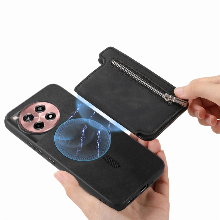 For OnePlus Ace 3 5G / 12R 5G Retro MagSafe Zipper Wallet Card Bag Back Phone Case(Black) - OnePlus Cases by PMC TechLife | Online Shopping South Africa | PMC TechLife | Buy Now Pay Later Mobicred