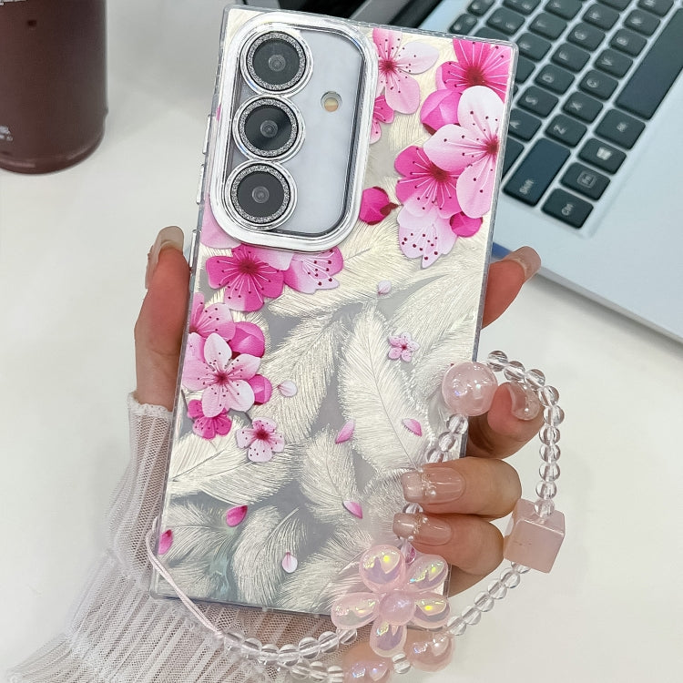 For Samsung Galaxy S25+ 5G Electroplating Flowers Plants Texture Wristband TPU Phone Case(Peach Blossom FL18) - free shipping - PMC Jewellery - Order now!