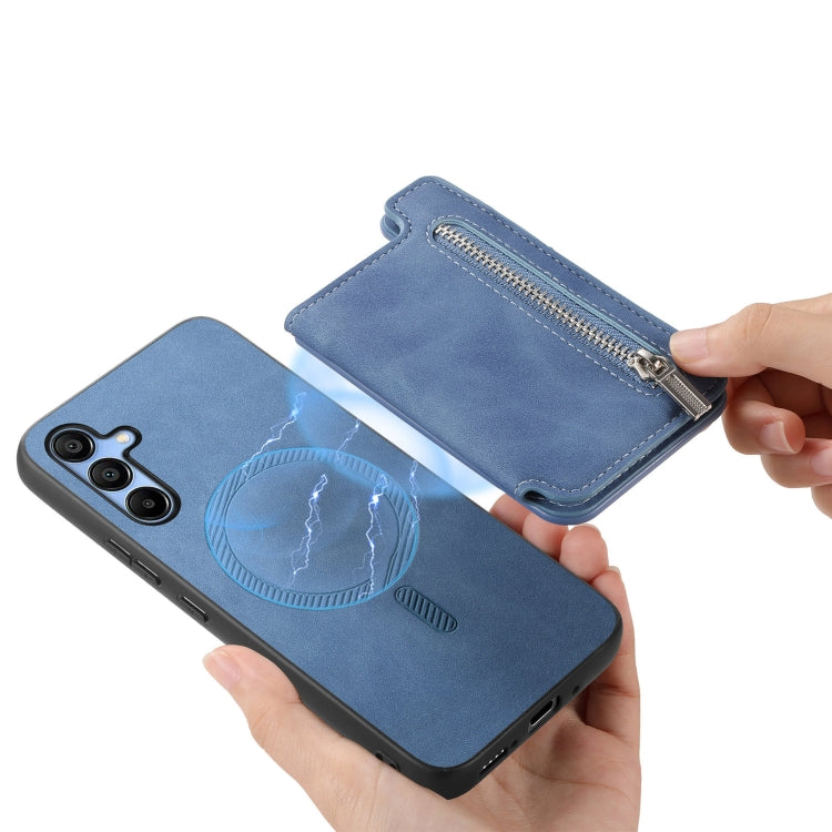 For Samsung Galaxy S25 5G Retro MagSafe Zipper Wallet Card Bag Back Phone Case(Blue) - Galaxy S25 5G Cases by PMC Jewellery | Online Shopping South Africa | PMC Jewellery | Buy Now Pay Later Mobicred