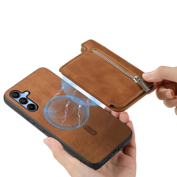 For Samsung Galaxy S25 5G Retro MagSafe Zipper Wallet Card Bag Back Phone Case(Brown) - Galaxy S25 5G Cases by PMC Jewellery | Online Shopping South Africa | PMC Jewellery | Buy Now Pay Later Mobicred