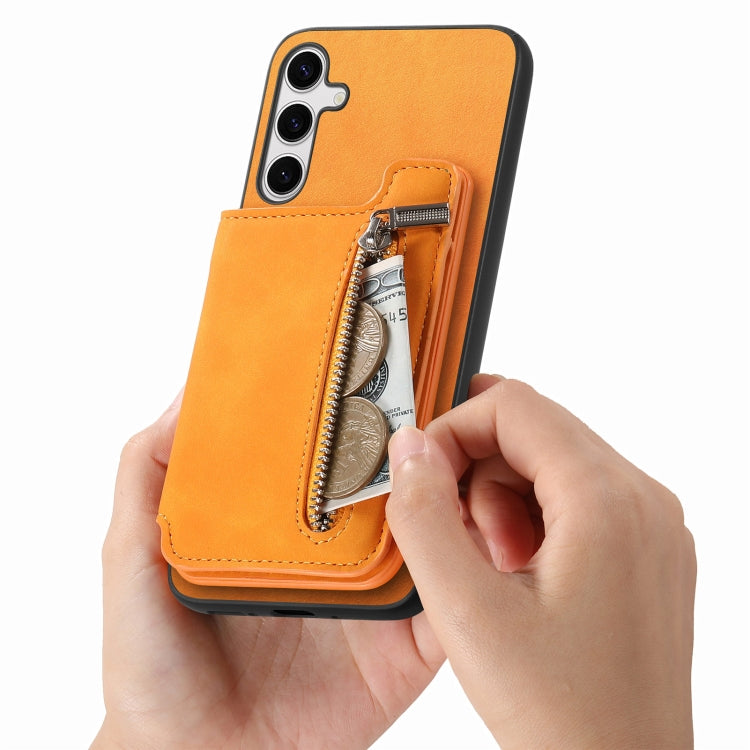 For Samsung Galaxy S25+ 5G Retro MagSafe Zipper Wallet Card Bag Back Phone Case(Yellow) - Galaxy S25+ 5G Cases by PMC Jewellery | Online Shopping South Africa | PMC Jewellery | Buy Now Pay Later Mobicred