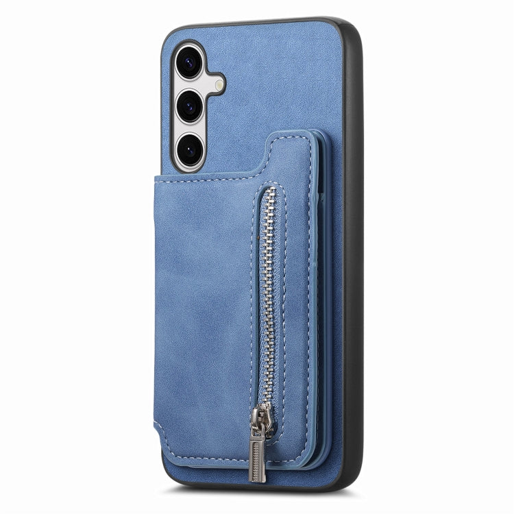 For Samsung Galaxy S25+ 5G Retro MagSafe Zipper Wallet Card Bag Back Phone Case(Blue) - Galaxy S25+ 5G Cases by PMC Jewellery | Online Shopping South Africa | PMC Jewellery | Buy Now Pay Later Mobicred