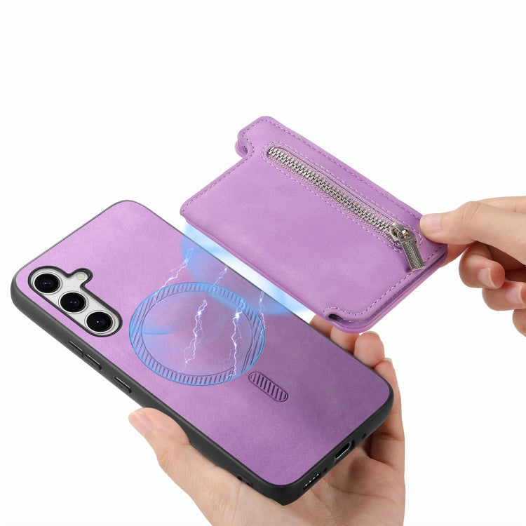 For Samsung Galaxy S25+ 5G Retro MagSafe Zipper Wallet Card Bag Back Phone Case(Purple) - Galaxy S25+ 5G Cases by PMC Jewellery | Online Shopping South Africa | PMC Jewellery | Buy Now Pay Later Mobicred