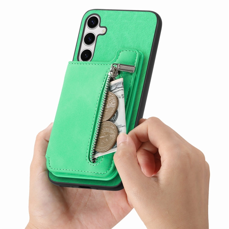 For Samsung Galaxy S25+ 5G Retro MagSafe Zipper Wallet Card Bag Back Phone Case(Green) - Galaxy S25+ 5G Cases by PMC Jewellery | Online Shopping South Africa | PMC Jewellery | Buy Now Pay Later Mobicred