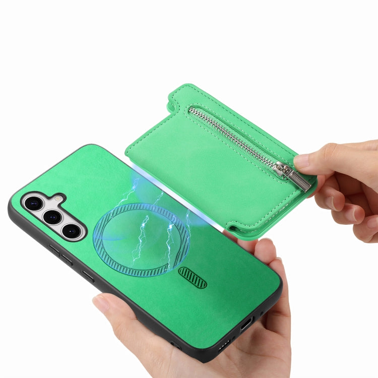 For Samsung Galaxy S25+ 5G Retro MagSafe Zipper Wallet Card Bag Back Phone Case(Green) - Galaxy S25+ 5G Cases by PMC Jewellery | Online Shopping South Africa | PMC Jewellery | Buy Now Pay Later Mobicred