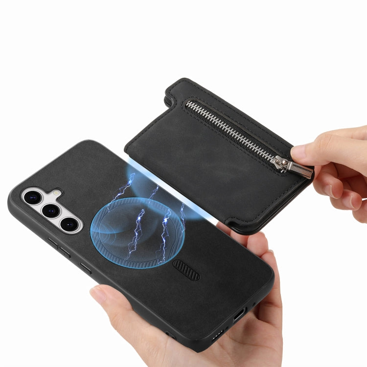For Samsung Galaxy S25+ 5G Retro MagSafe Zipper Wallet Card Bag Back Phone Case(Black) - Galaxy S25+ 5G Cases by PMC Jewellery | Online Shopping South Africa | PMC Jewellery | Buy Now Pay Later Mobicred