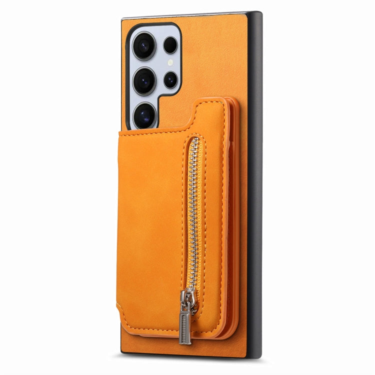 For Samsung Galaxy S25 Ultra 5G Retro MagSafe Zipper Wallet Card Bag Back Phone Case(Yellow) - Galaxy S25 Ultra 5G Cases by PMC TechLife | Online Shopping South Africa | PMC TechLife | Buy Now Pay Later Mobicred
