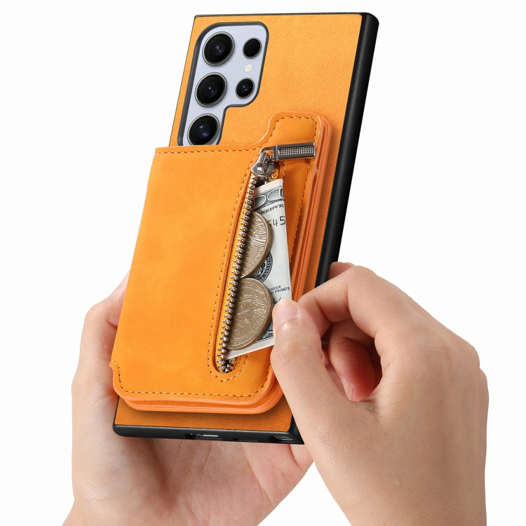 For Samsung Galaxy S25 Ultra 5G Retro MagSafe Zipper Wallet Card Bag Back Phone Case(Yellow) - Galaxy S25 Ultra 5G Cases by PMC TechLife | Online Shopping South Africa | PMC TechLife | Buy Now Pay Later Mobicred